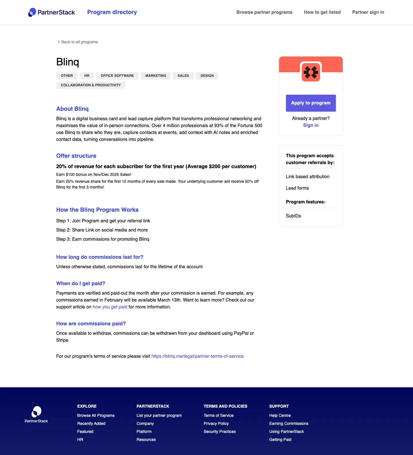 Blinq — Program page