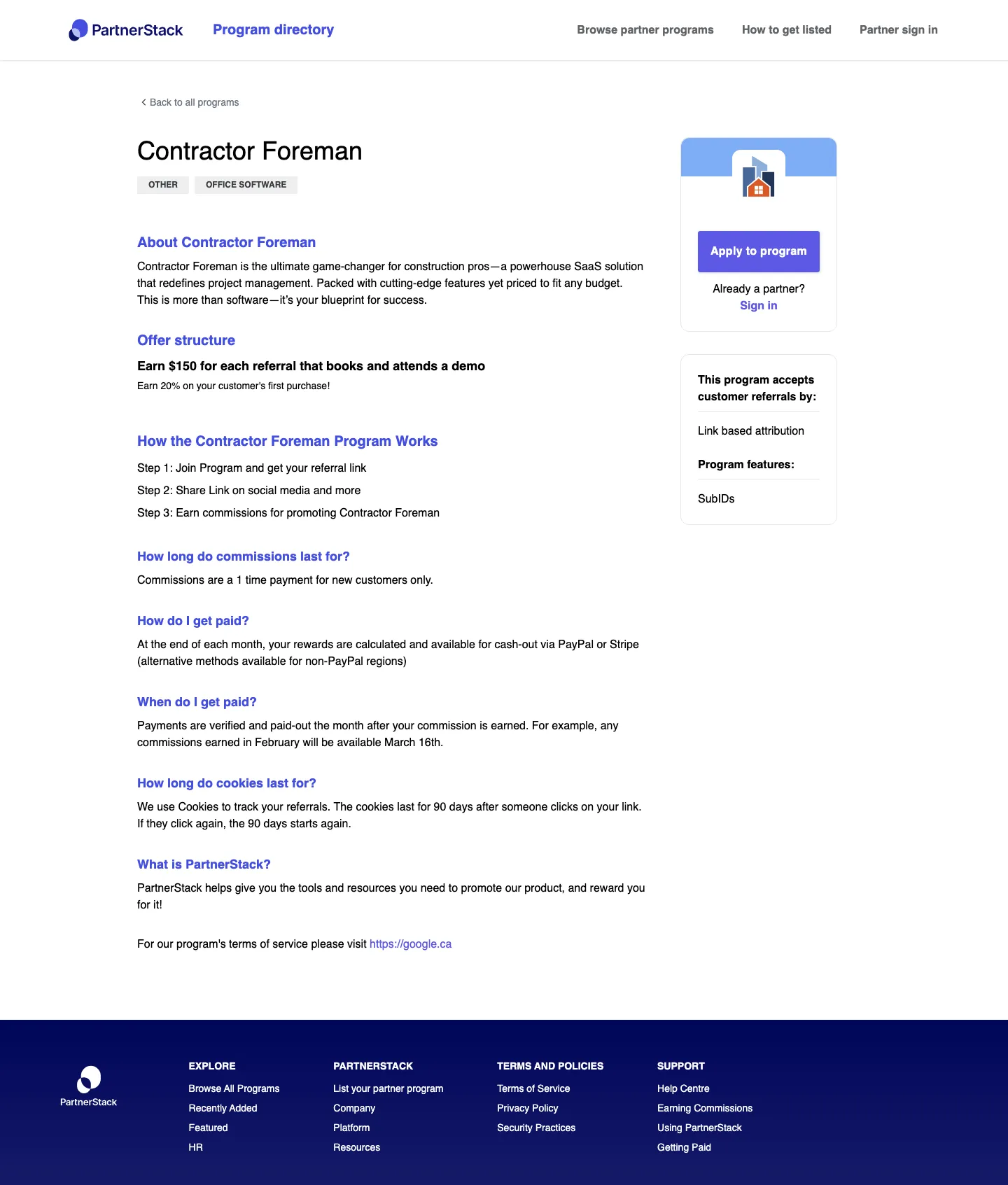Contractor Foreman — Program page
