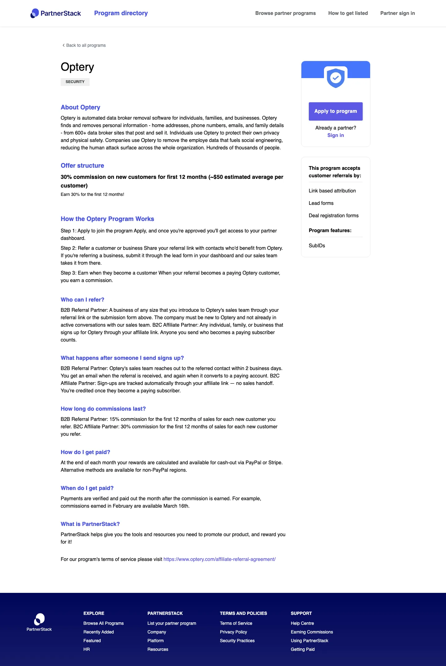 Optery — Program page