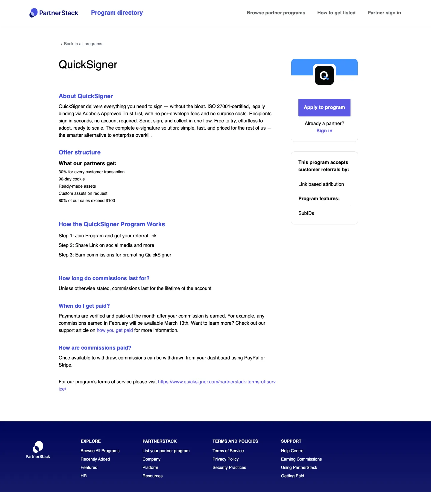 QuickSigner — Program page
