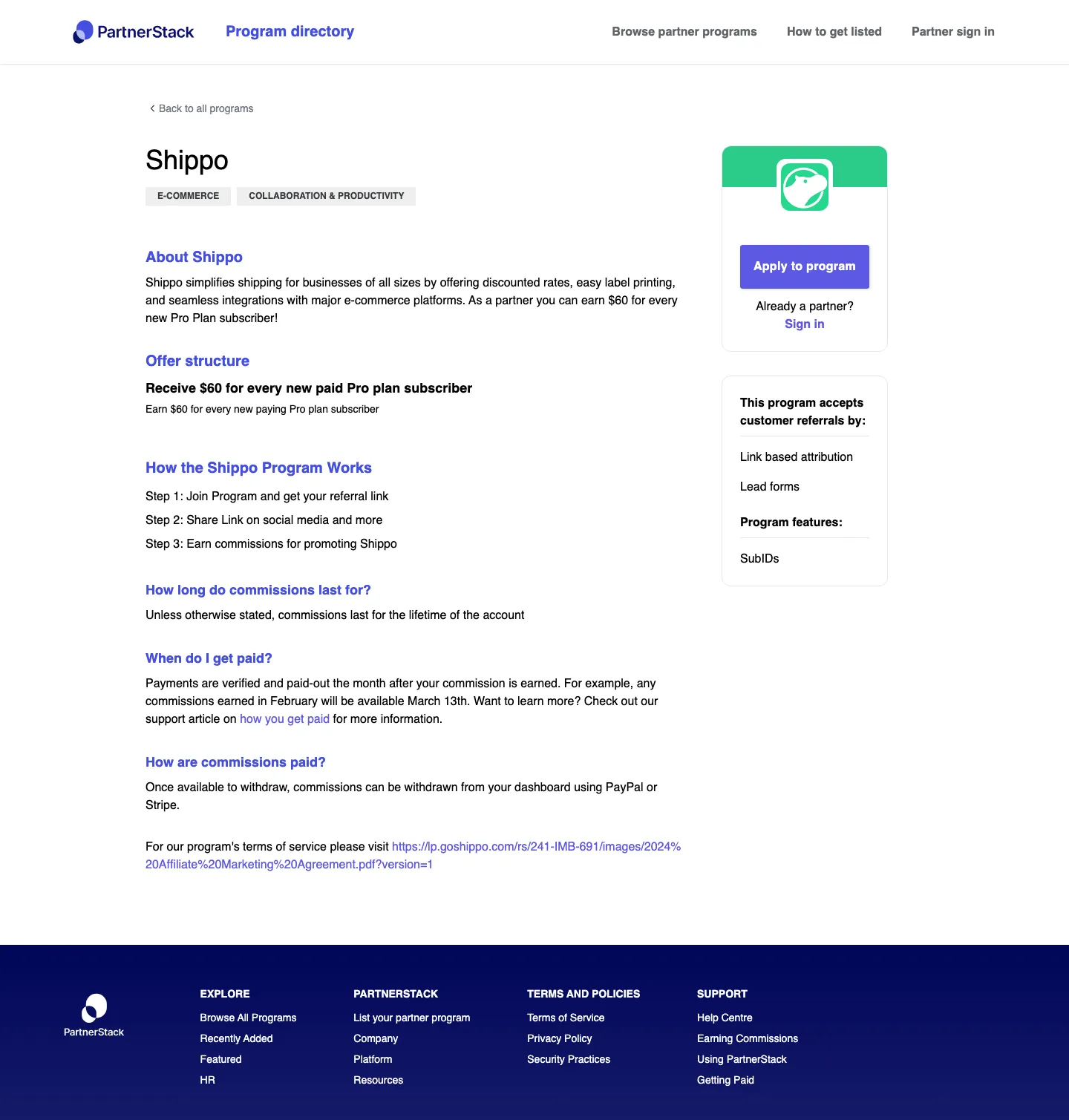 Shippo — Program page