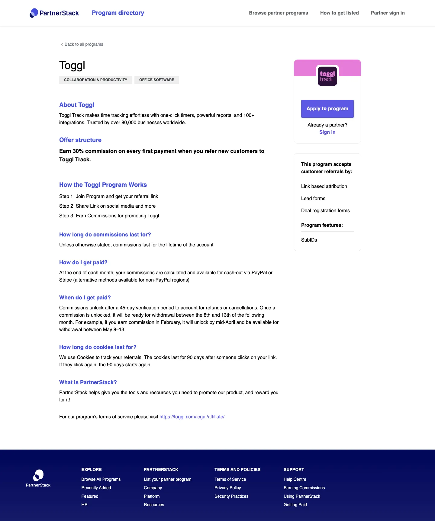Toggl — Program page
