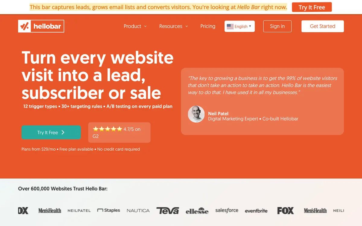 Hello Bar & Subscribers website